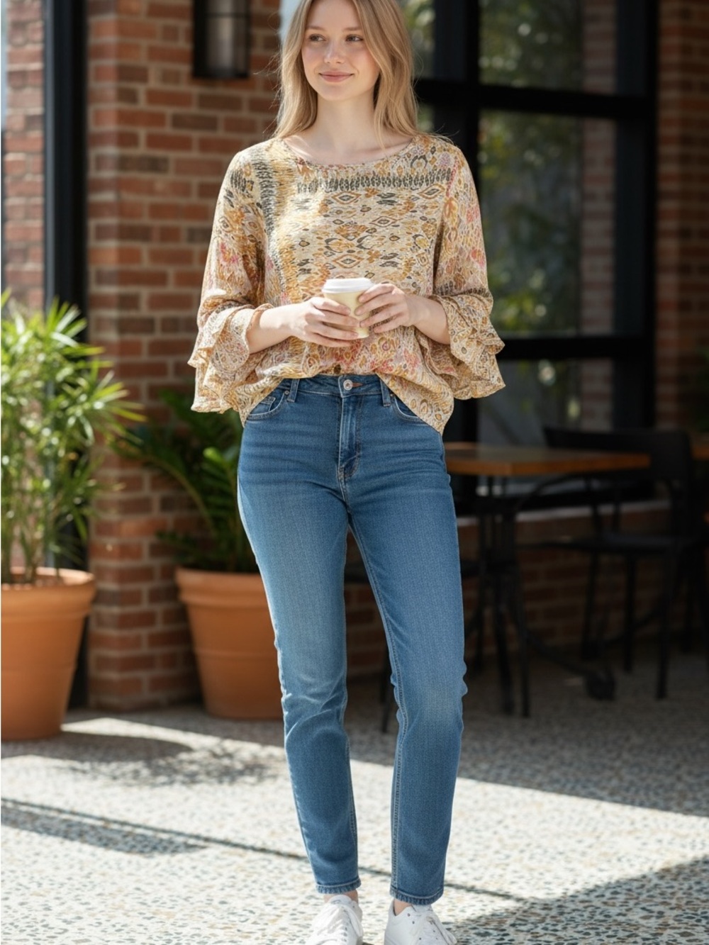 Zac & Rachel Floral Boho Bell-Sleeve Blouse in Yellow Multi